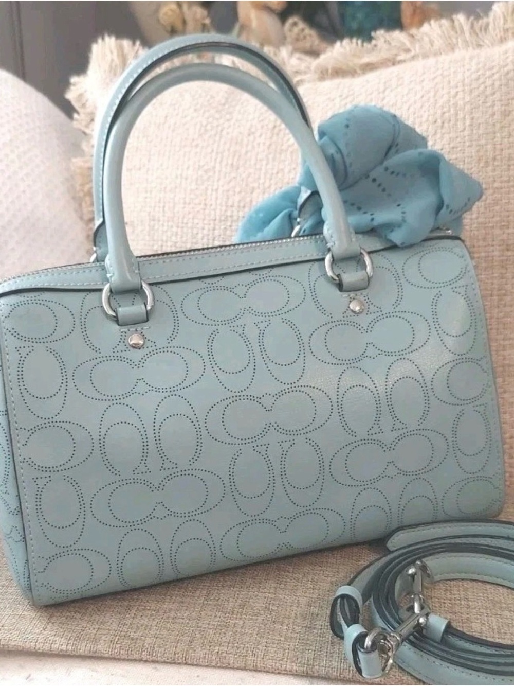 Coach Rowan Sky Blue Perforated Leather Bag with Scarf Accent - Picture 5 of 16